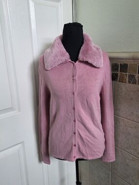 Max Studio pink faux fur collar cardigan Size M glamour 90s y2k girly Old Money